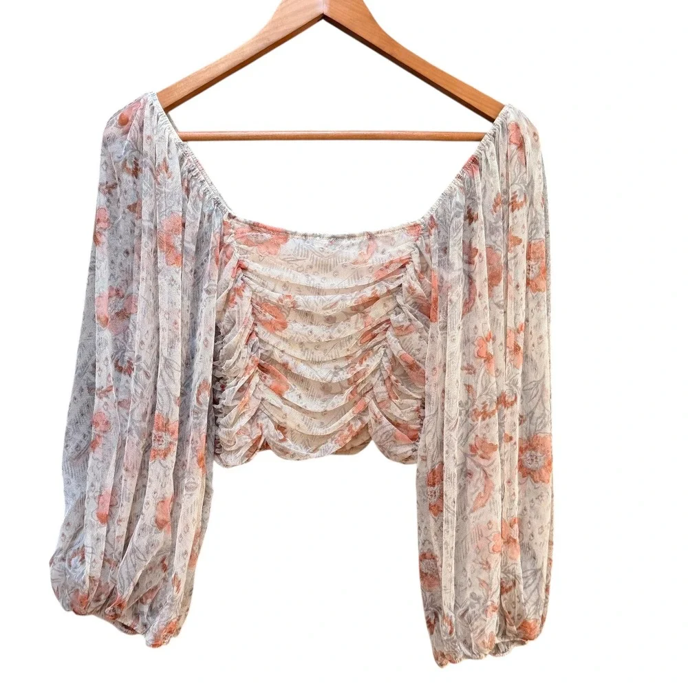 Free People Lilia Crop Top Womens Peach Cottage Mesh Balloon‎ Sleeve Festival M